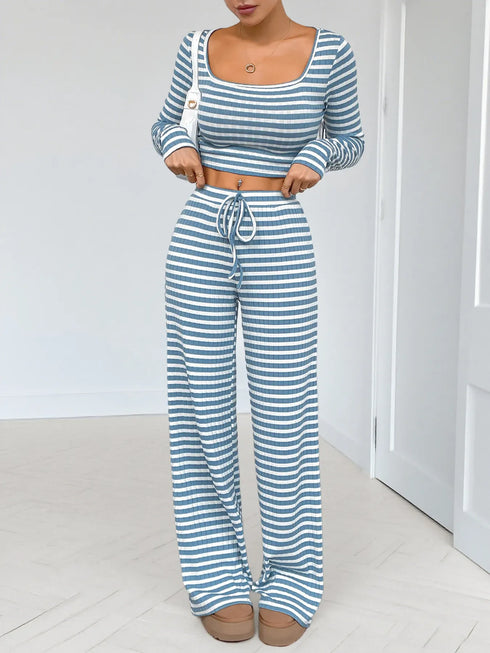 Fashorio Striped Square Neck Long Sleeve Top and Pants Lounge Set