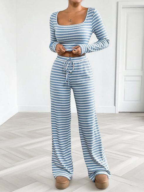 Fashorio Striped Square Neck Long Sleeve Top and Pants Lounge Set