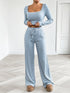 Fashorio Striped Square Neck Long Sleeve Top and Pants Lounge Set