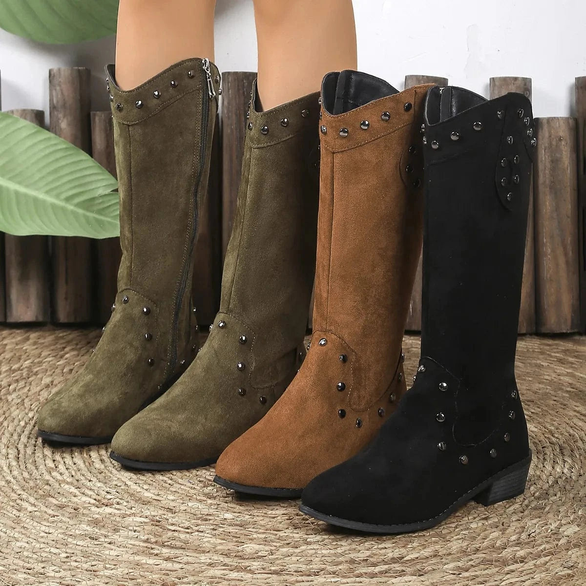 Studded Mid-Calf Boots with Side Zipper Closure - Fashorio
