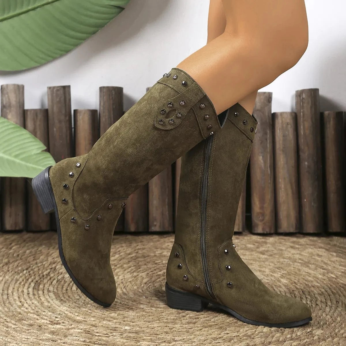 Studded Mid-Calf Boots with Side Zipper Closure - Fashorio