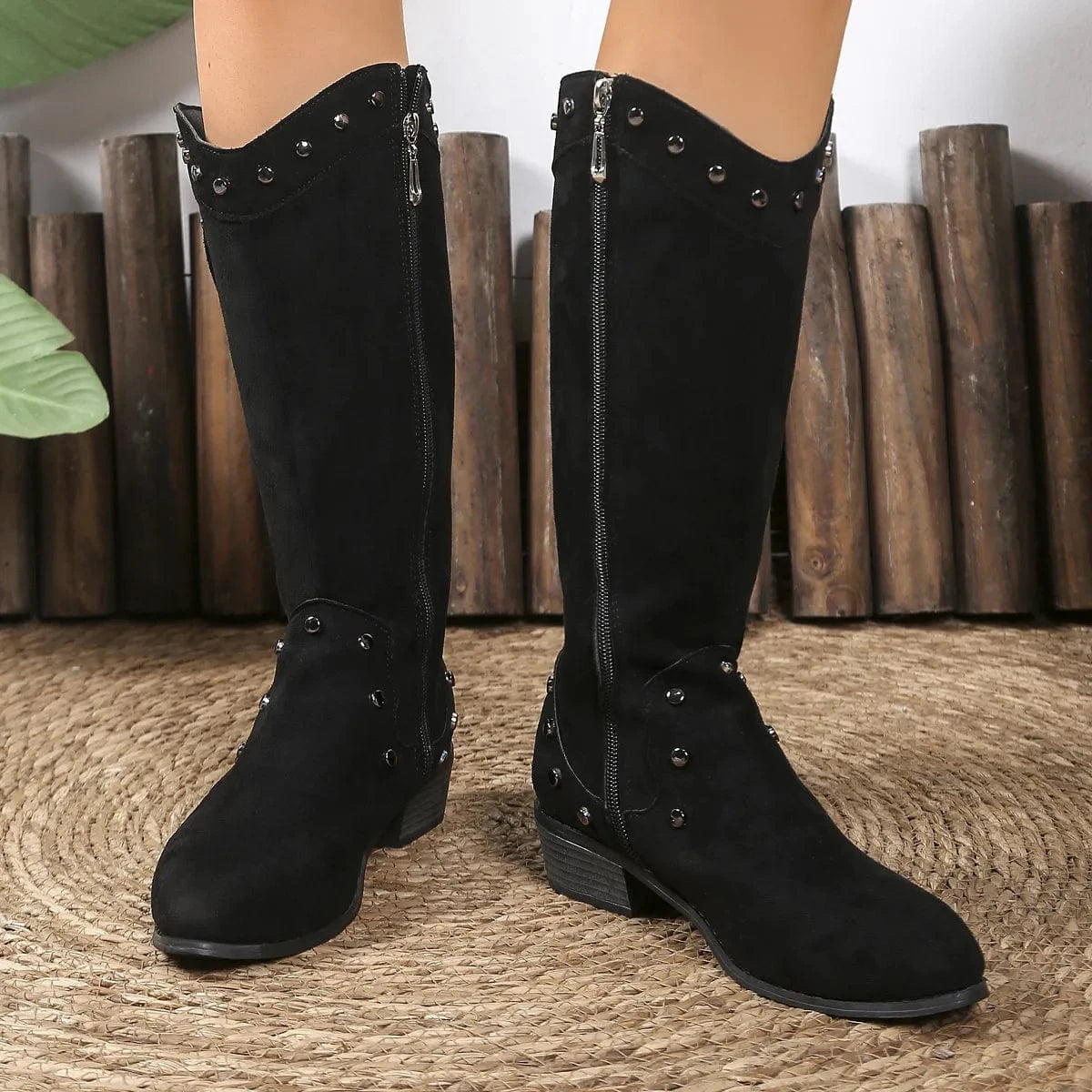 Studded Mid-Calf Boots with Side Zipper Closure - Fashorio