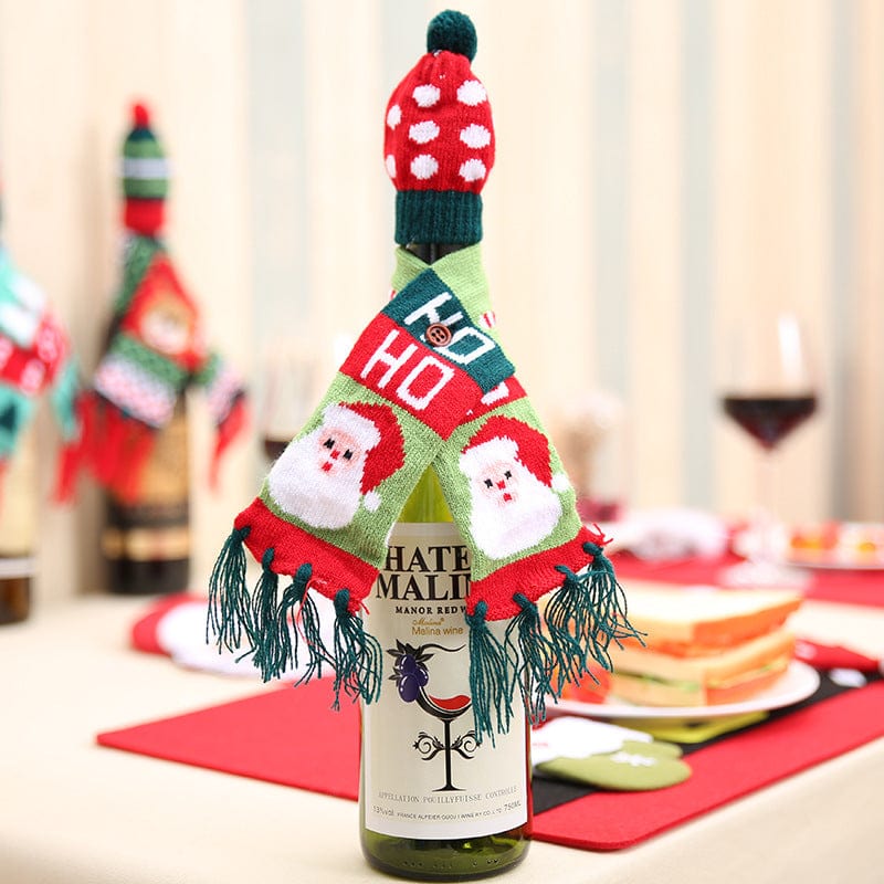 Christmas Hat and Scarf Wine Bottle Decoration Style A One Size - Fashorio