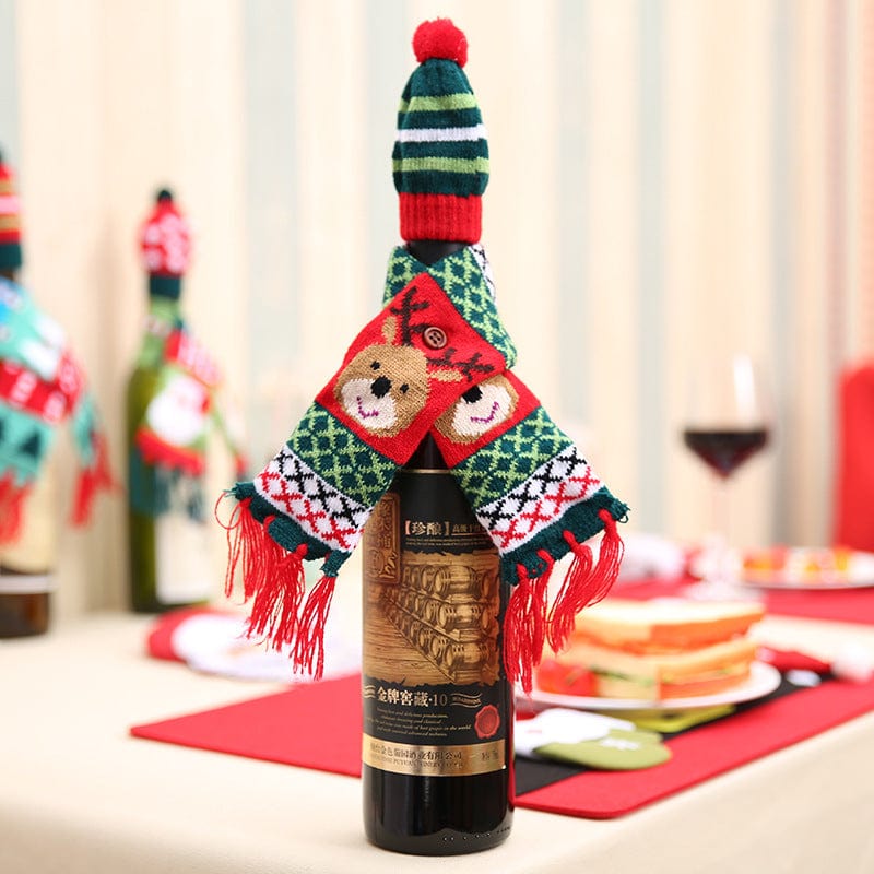 Christmas Hat and Scarf Wine Bottle Decoration Style B One Size - Fashorio