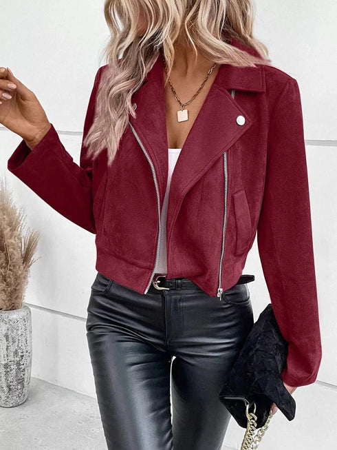 Suede Moto Jacket with Zip Detail - Fashorio