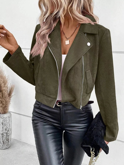 Suede Moto Jacket with Zip Detail - Fashorio