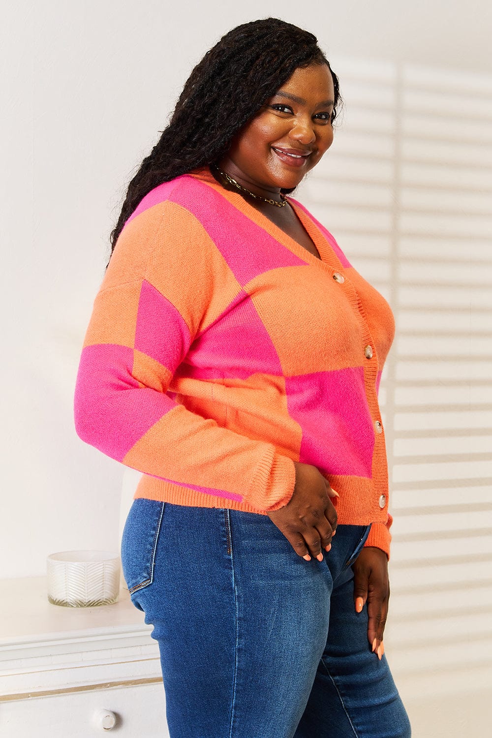 Angel Wings Woven Right Checkered V-Neck Dropped Shoulder Cardigan - Fashorio