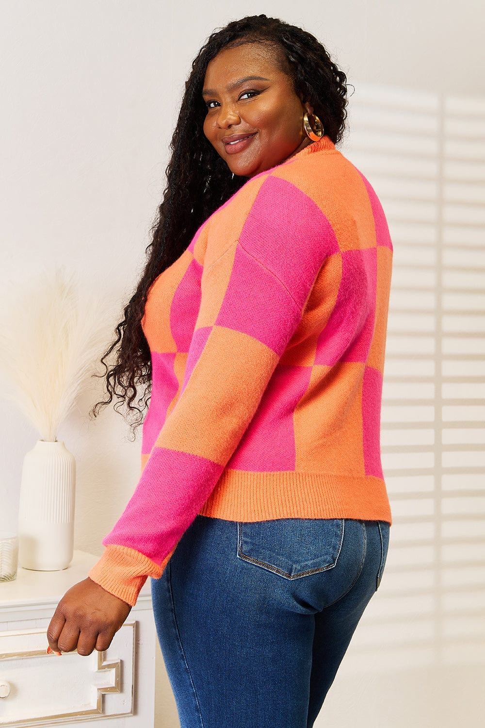 Angel Wings Woven Right Checkered V-Neck Dropped Shoulder Cardigan - Fashorio