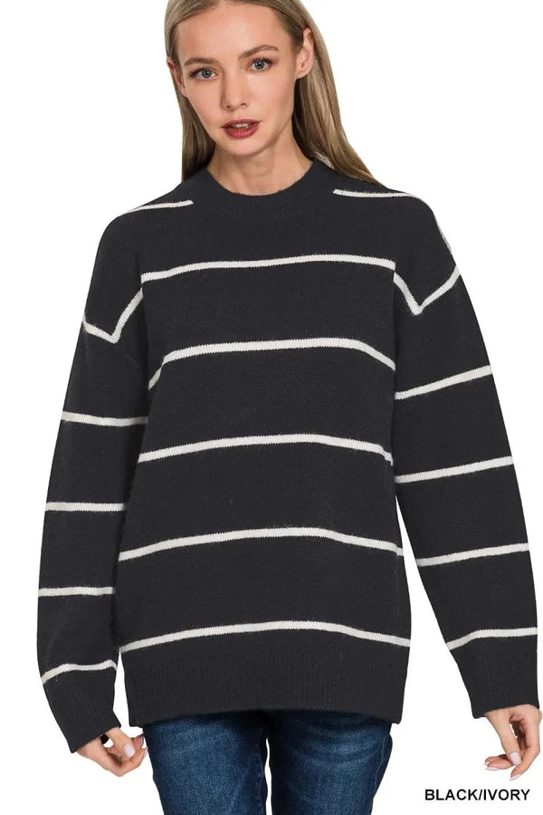 Zenana Round Neck Stripe Sweater BLACK IVORY - Fashorio