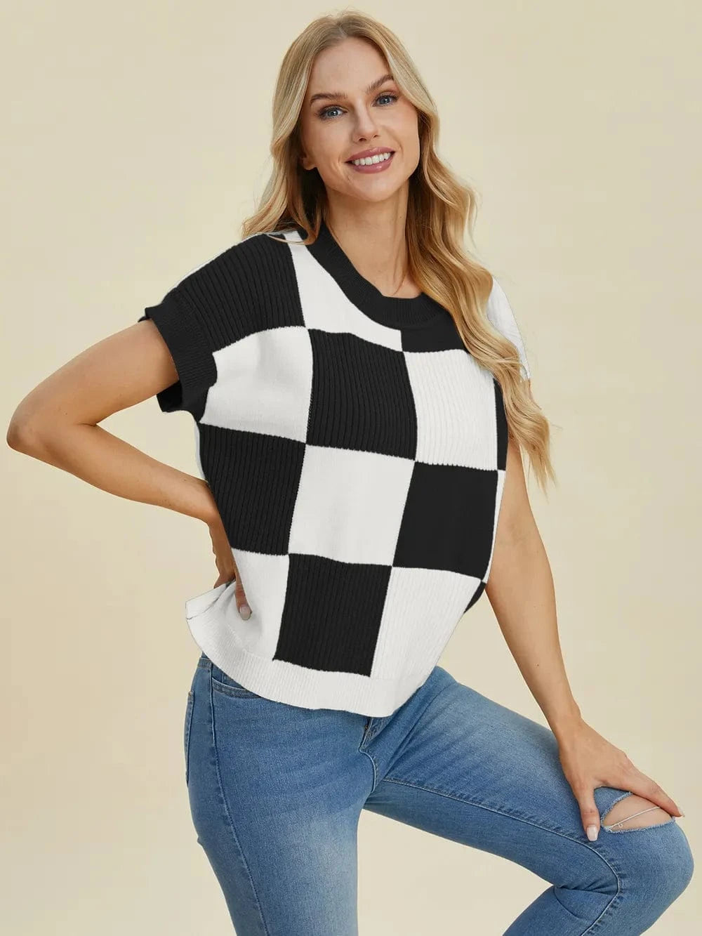 Double Take Full Size Checkered Round Neck Short Sleeve Sweater Black - Fashorio