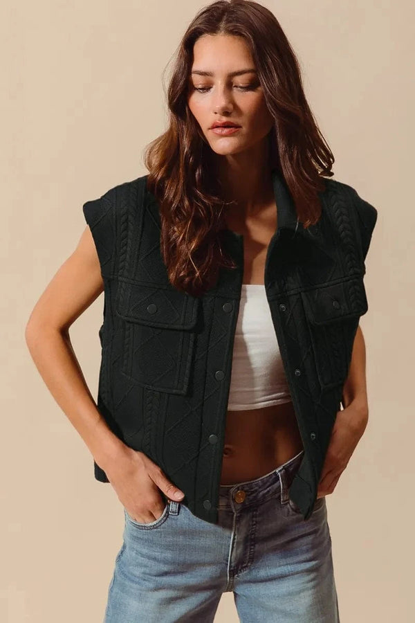 SO ME Cable Quilting Stitch Button Up Knit Vest BLACK - Fashorio