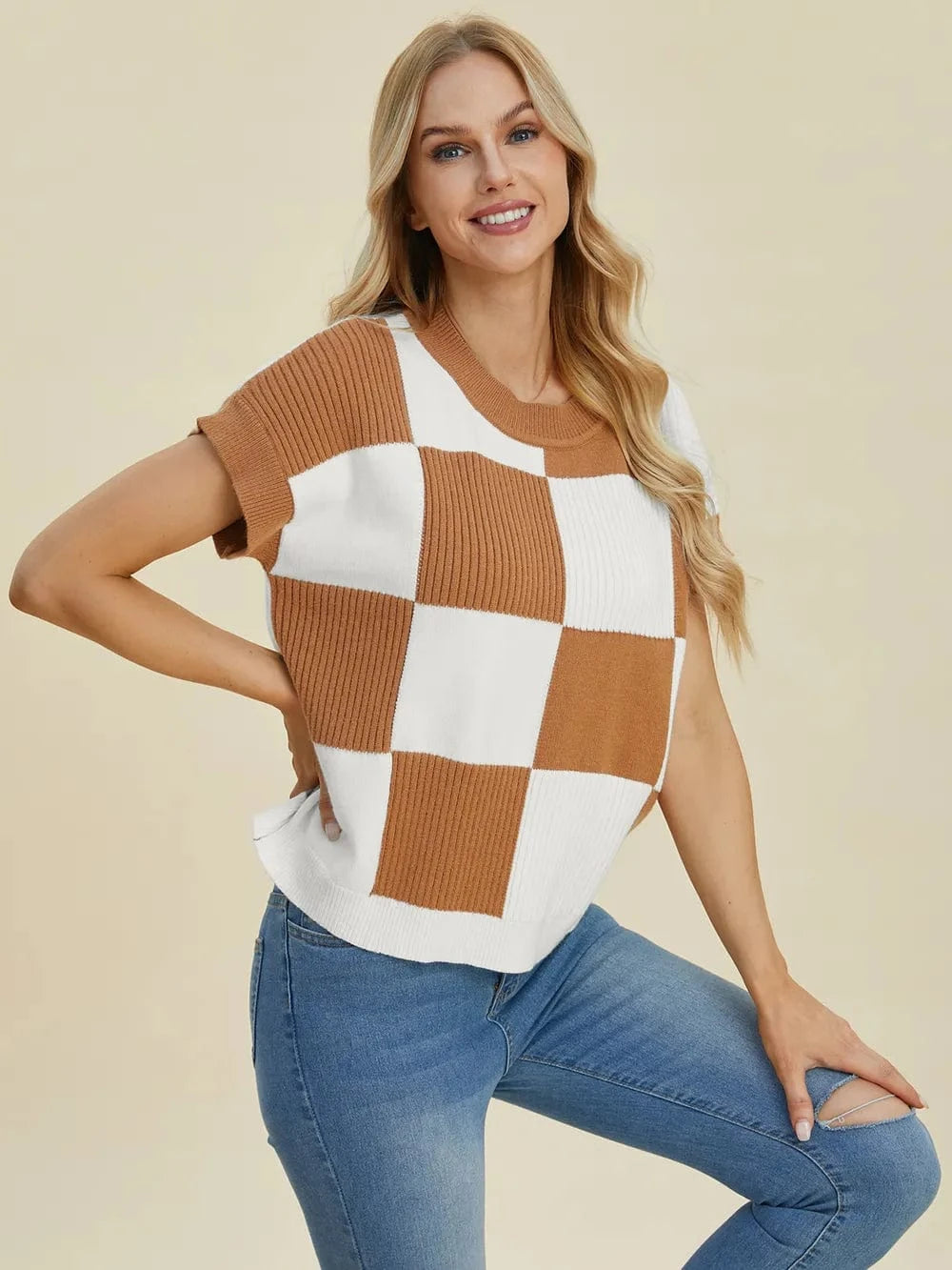 Double Take Full Size Checkered Round Neck Short Sleeve Sweater Camel - Fashorio