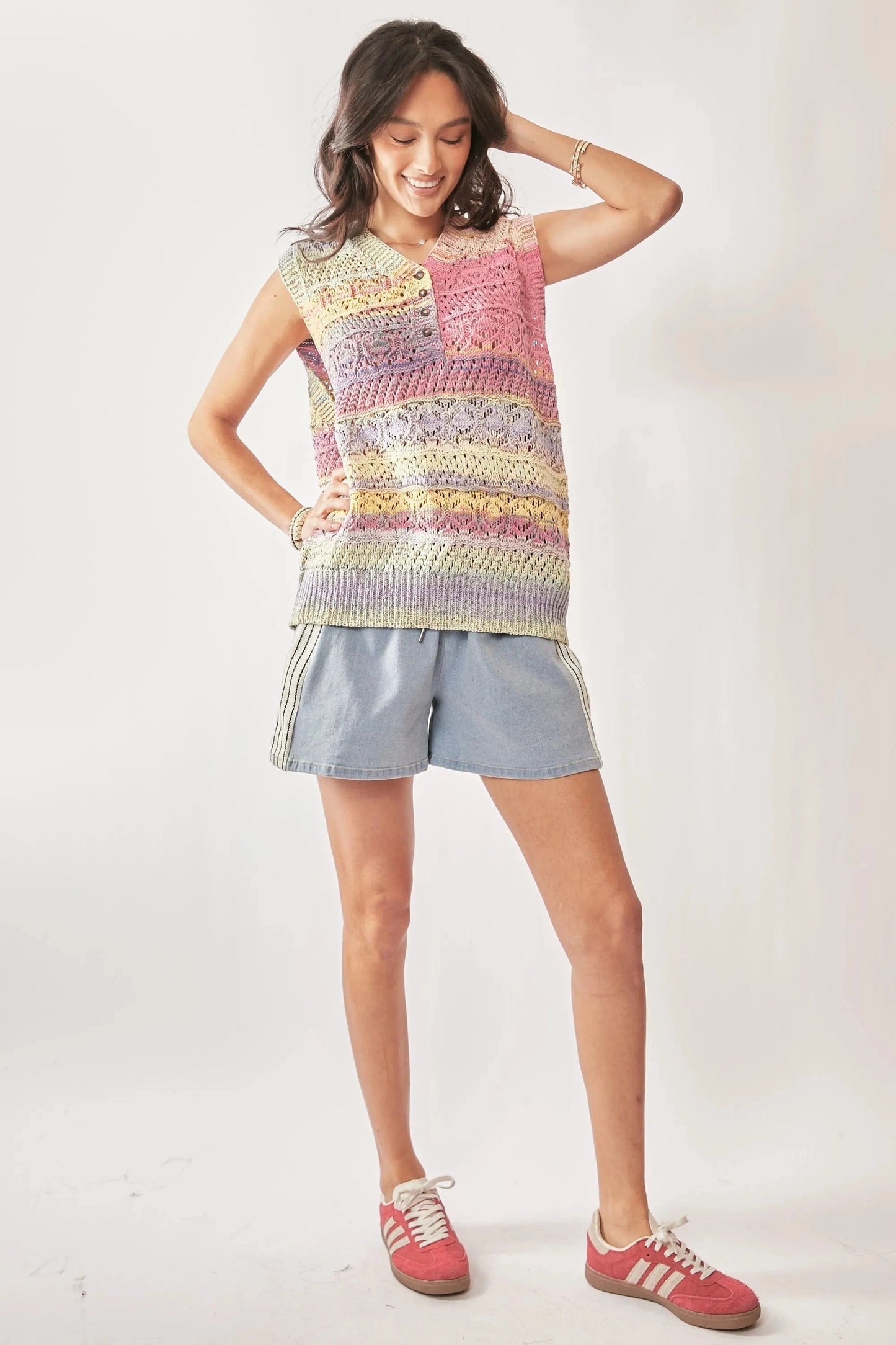 Davi & Dani Multi Color Crochet Sleeveless Knit Vest Top - Fashorio