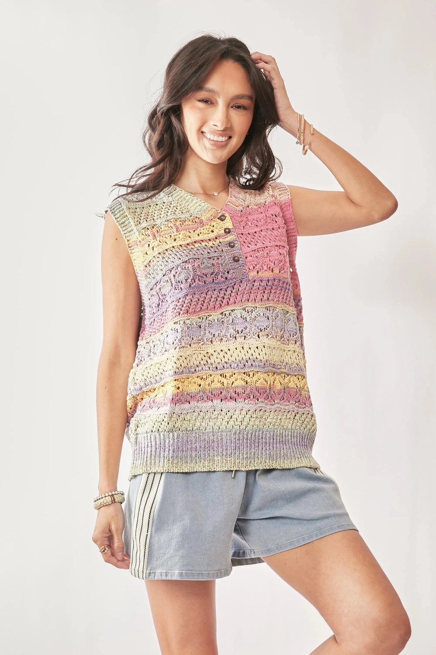 Davi & Dani Multi Color Crochet Sleeveless Knit Vest Top - Fashorio