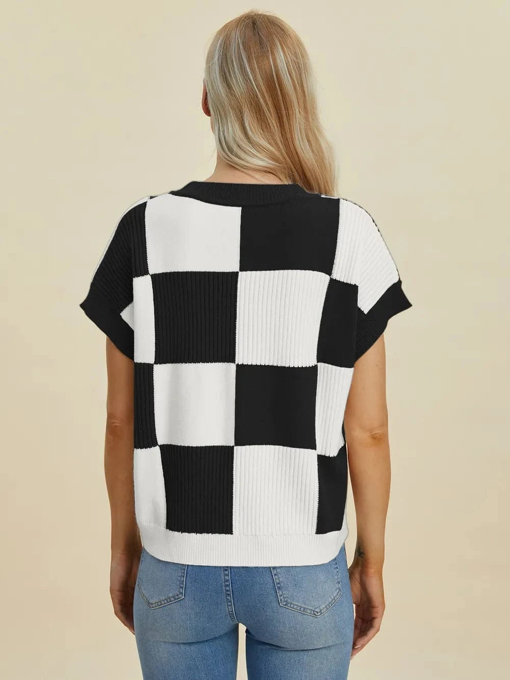 Double Take Full Size Checkered Round Neck Short Sleeve Sweater - Fashorio