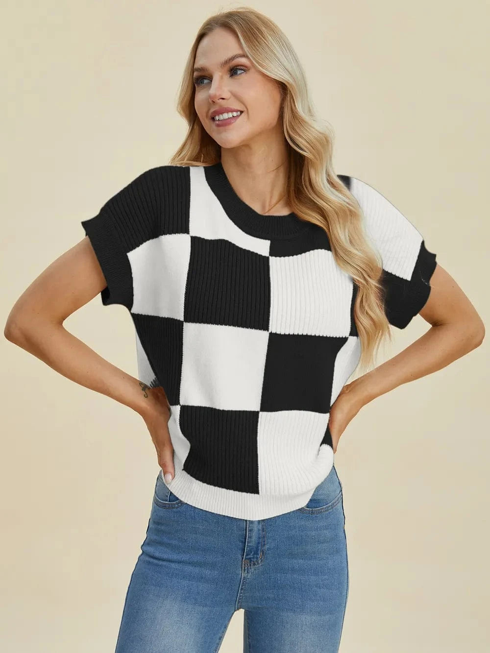 Double Take Full Size Checkered Round Neck Short Sleeve Sweater - Fashorio