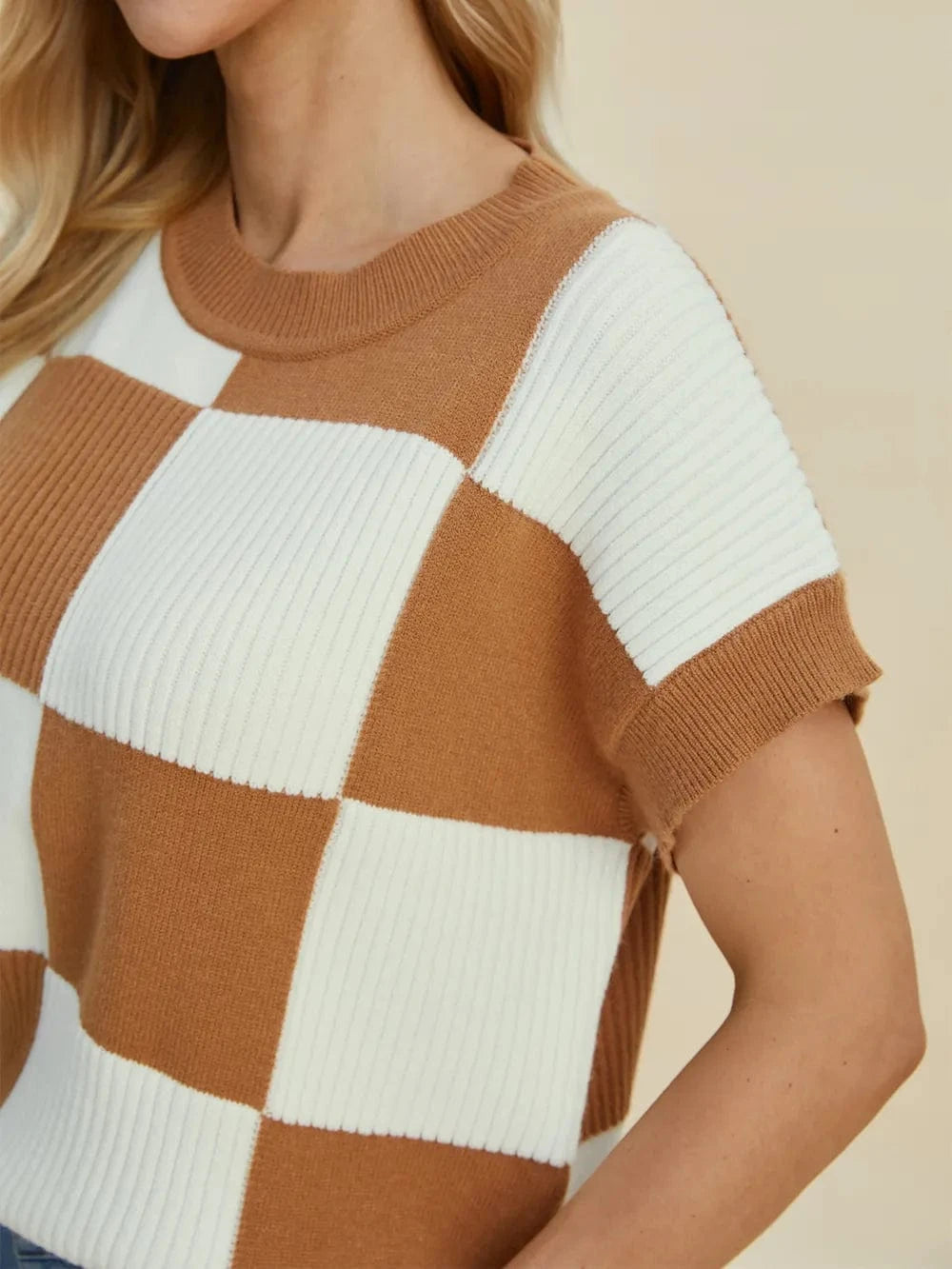 Double Take Full Size Checkered Round Neck Short Sleeve Sweater - Fashorio