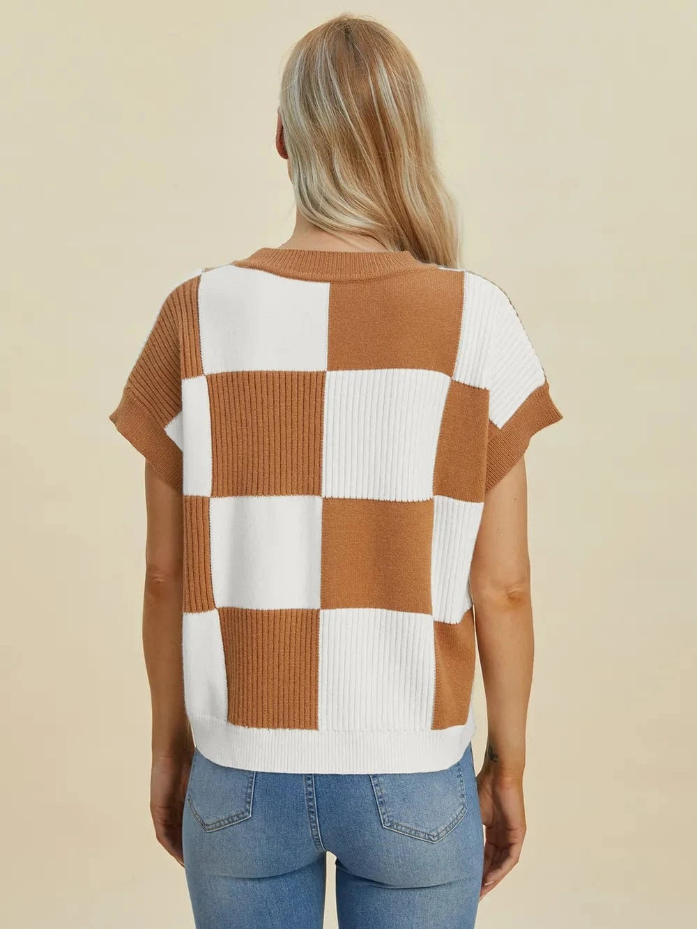 Double Take Full Size Checkered Round Neck Short Sleeve Sweater - Fashorio