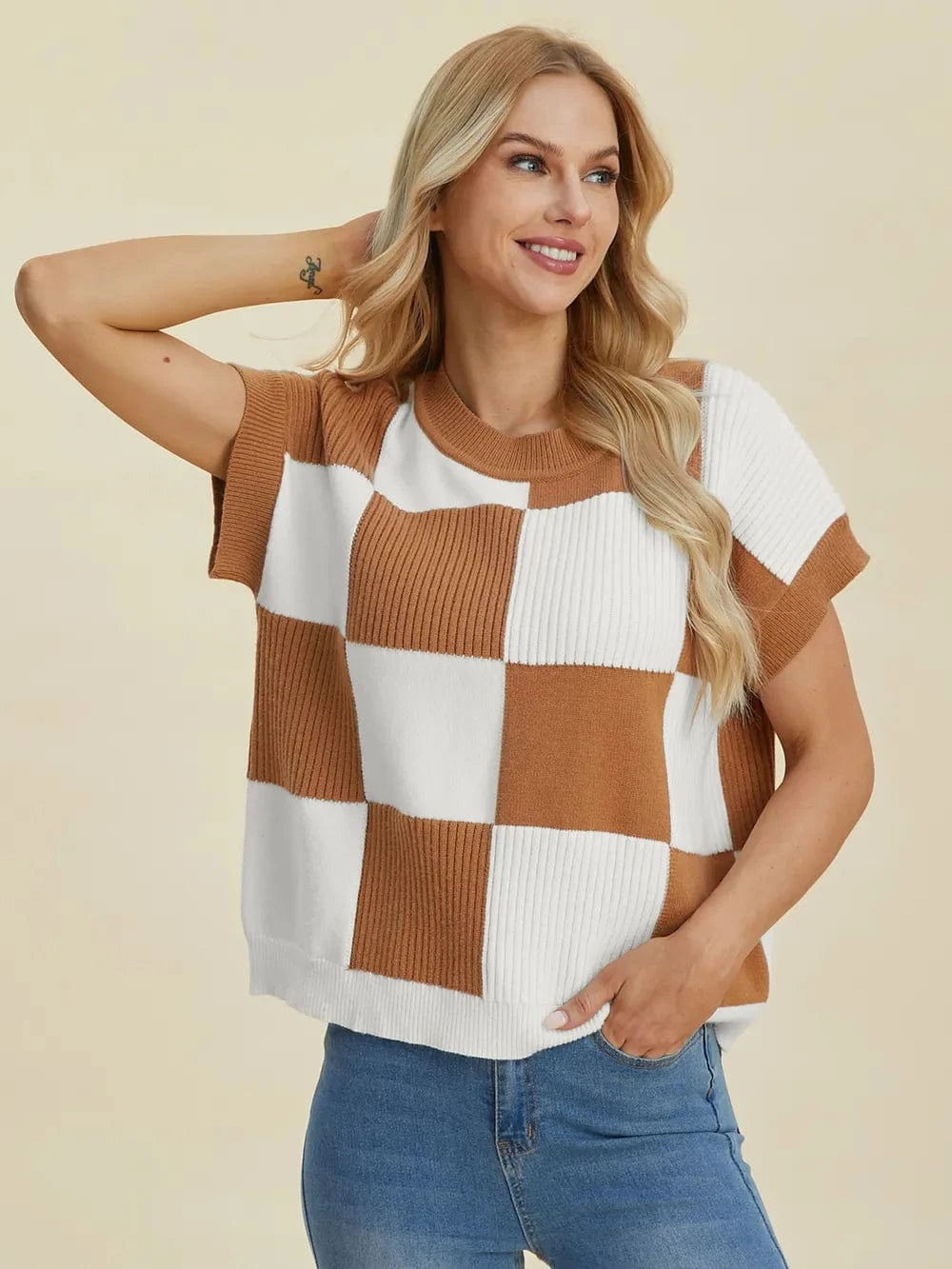 Double Take Full Size Checkered Round Neck Short Sleeve Sweater - Fashorio