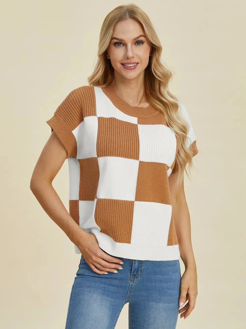 Double Take Full Size Checkered Round Neck Short Sleeve Sweater - Fashorio