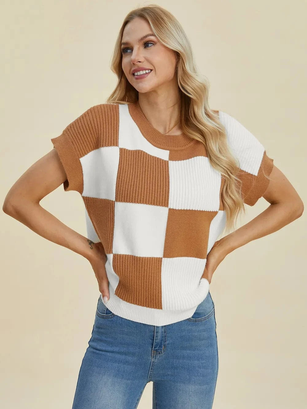 Double Take Full Size Checkered Round Neck Short Sleeve Sweater - Fashorio