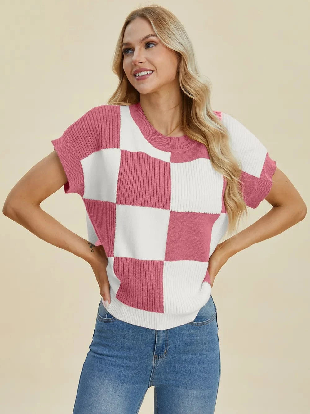 Double Take Full Size Checkered Round Neck Short Sleeve Sweater - Fashorio