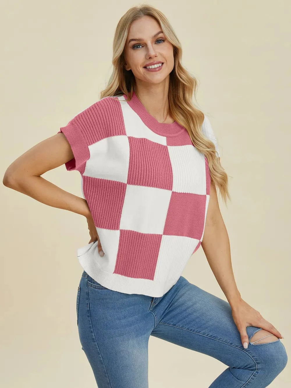 Double Take Full Size Checkered Round Neck Short Sleeve Sweater - Fashorio