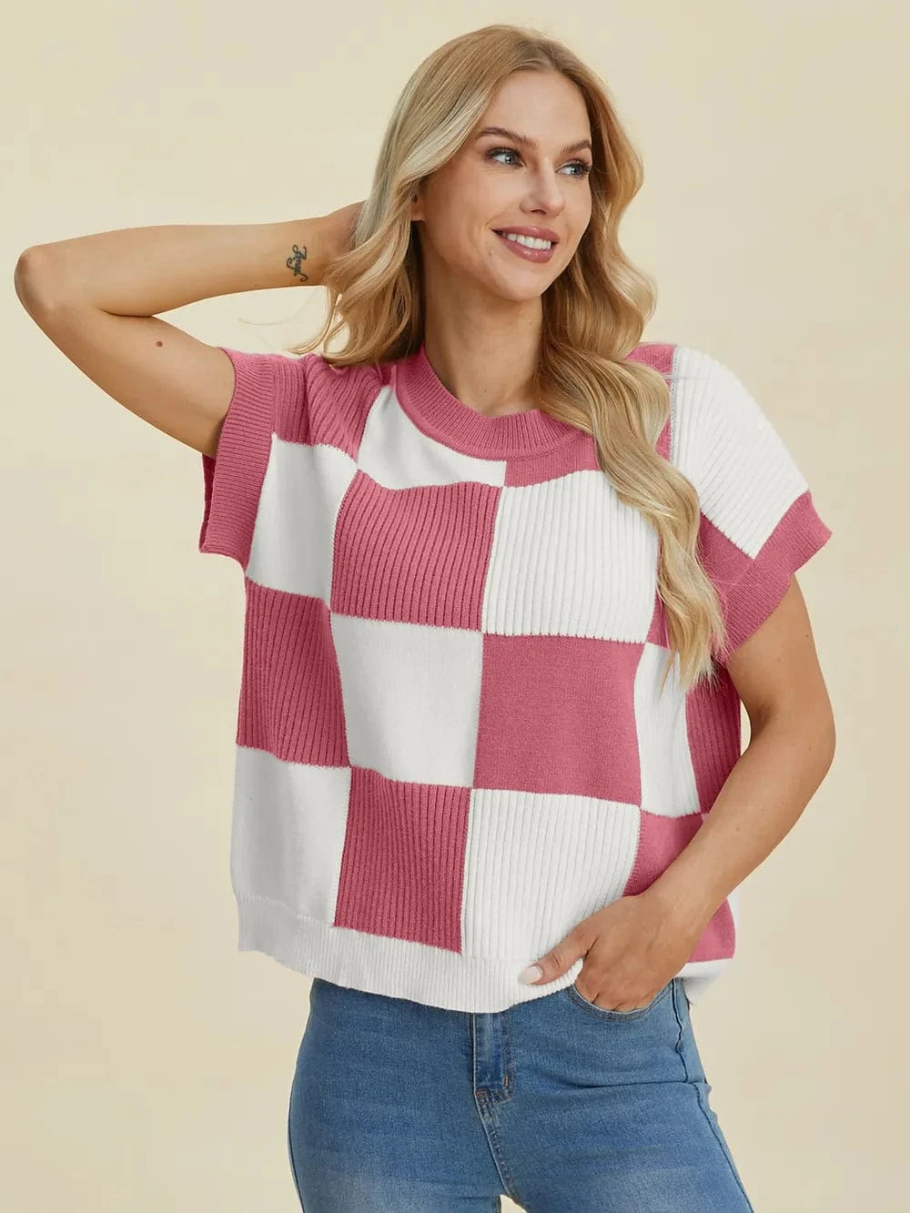 Double Take Full Size Checkered Round Neck Short Sleeve Sweater - Fashorio