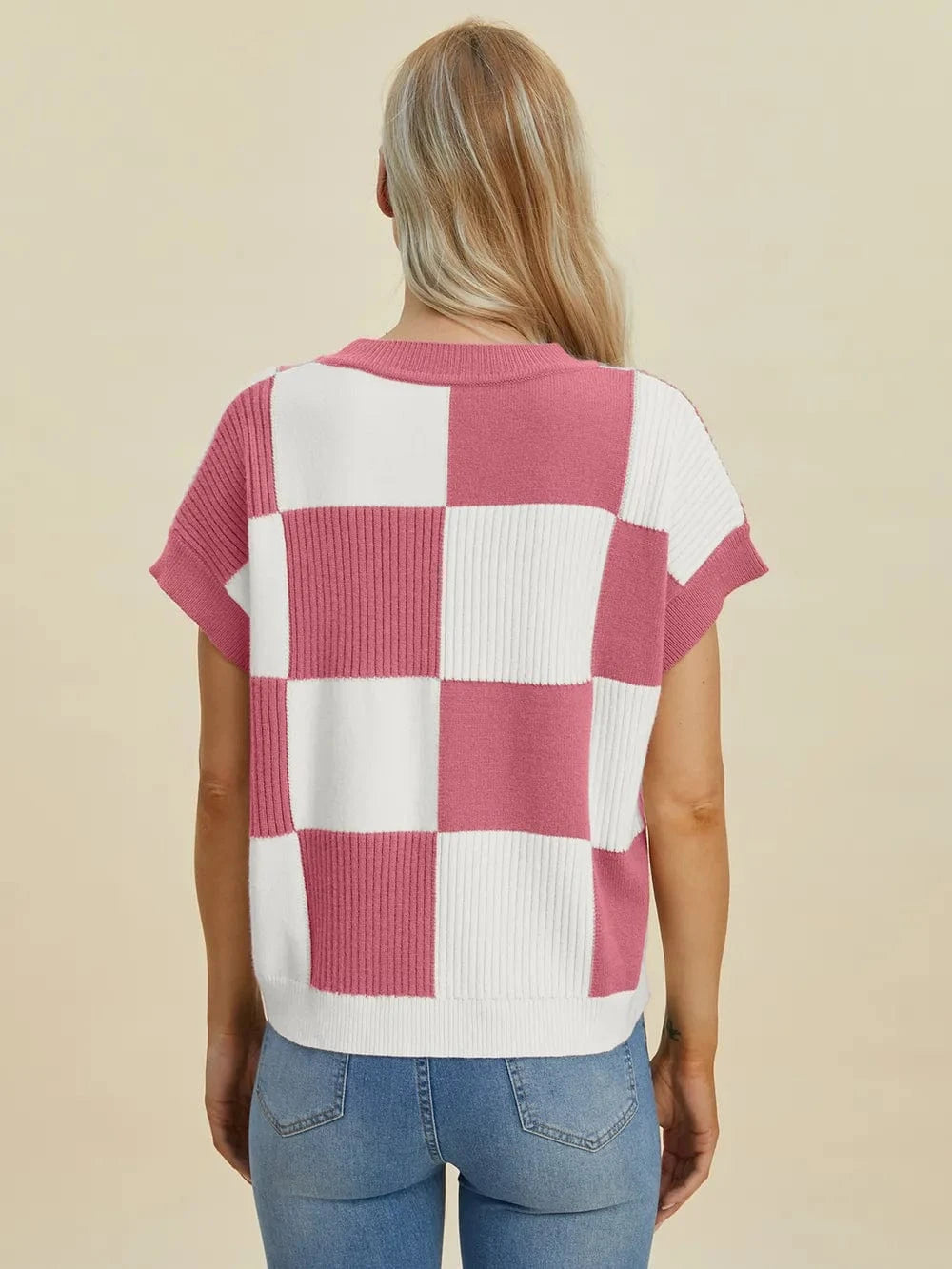 Double Take Full Size Checkered Round Neck Short Sleeve Sweater - Fashorio