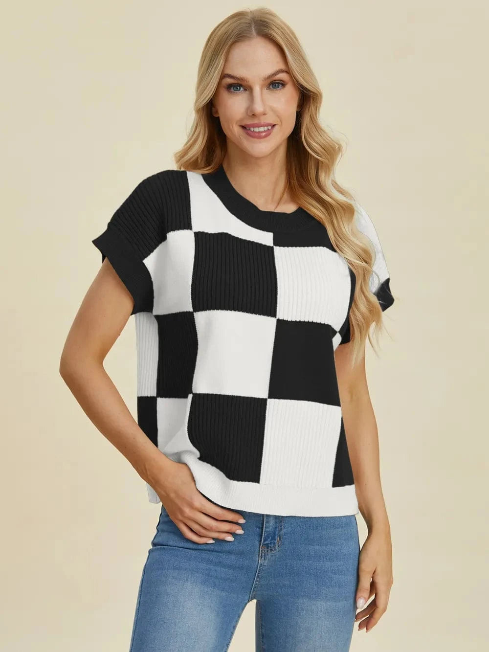 Double Take Full Size Checkered Round Neck Short Sleeve Sweater - Fashorio