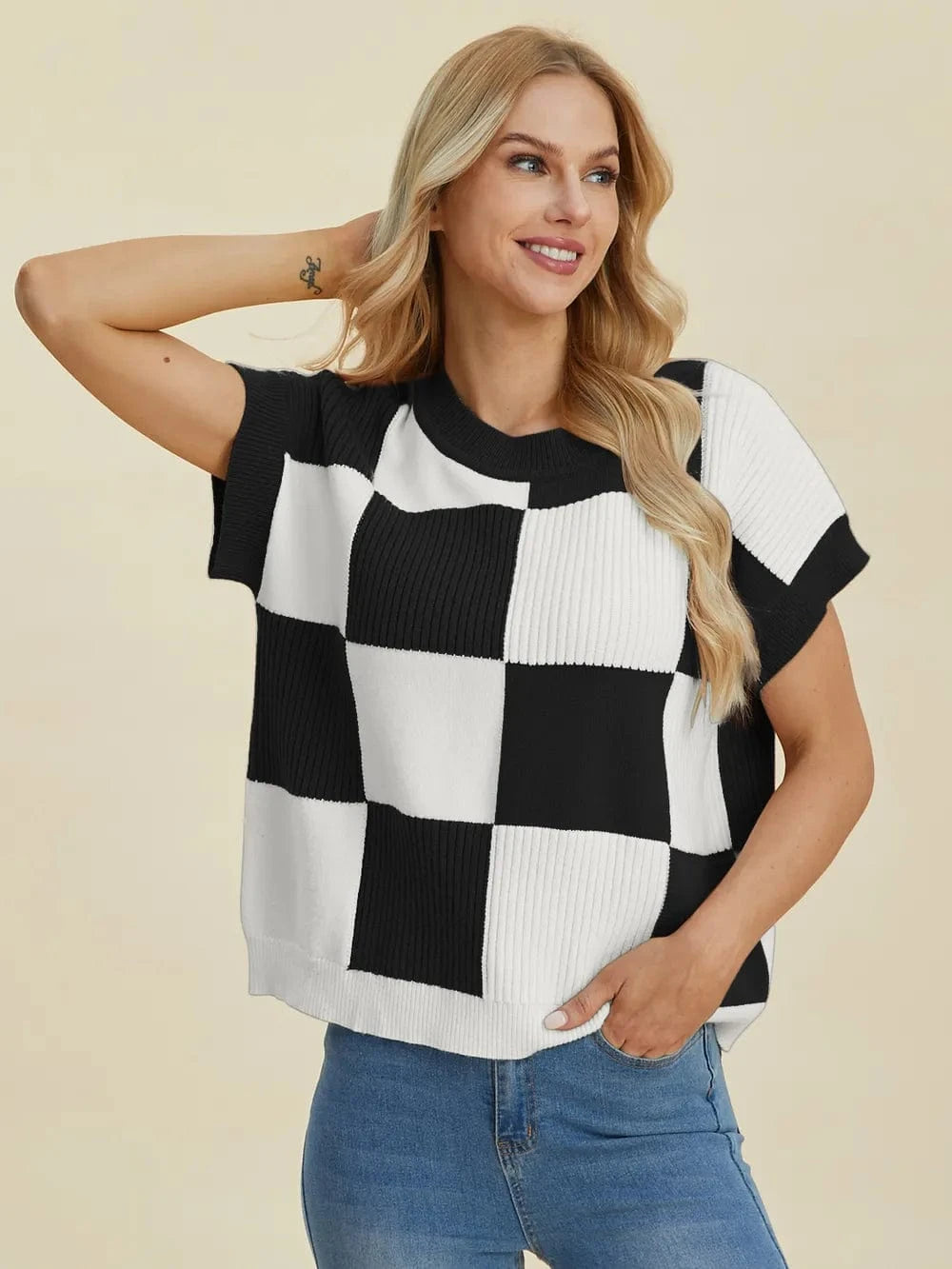 Double Take Full Size Checkered Round Neck Short Sleeve Sweater - Fashorio