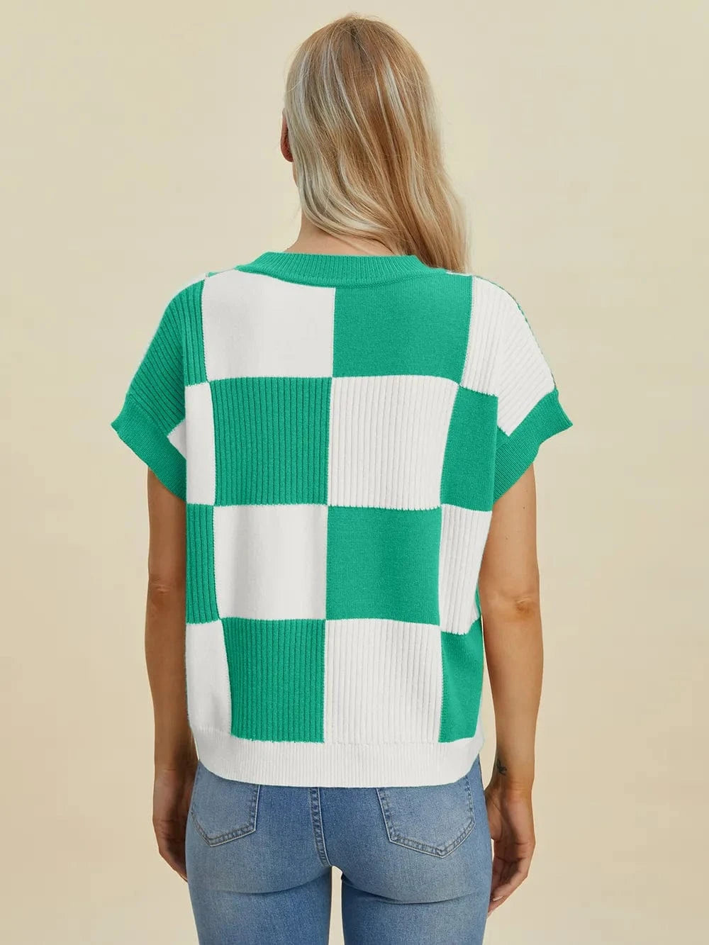 Double Take Full Size Checkered Round Neck Short Sleeve Sweater - Fashorio