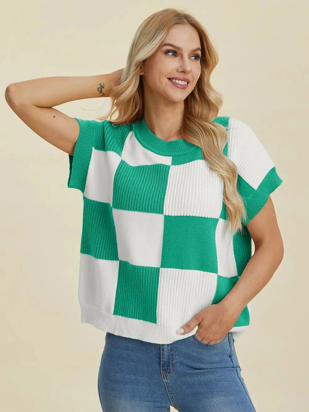 Double Take Full Size Checkered Round Neck Short Sleeve Sweater - Fashorio
