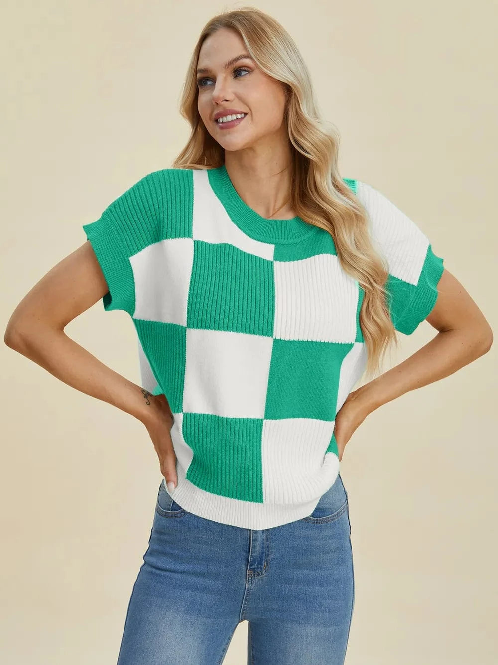 Double Take Full Size Checkered Round Neck Short Sleeve Sweater - Fashorio