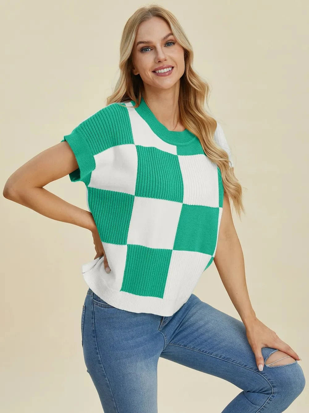 Double Take Full Size Checkered Round Neck Short Sleeve Sweater - Fashorio