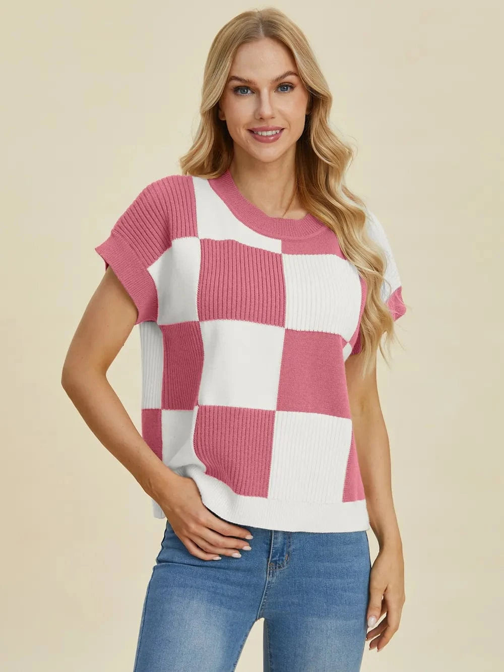 Double Take Full Size Checkered Round Neck Short Sleeve Sweater Dusty Pink - Fashorio