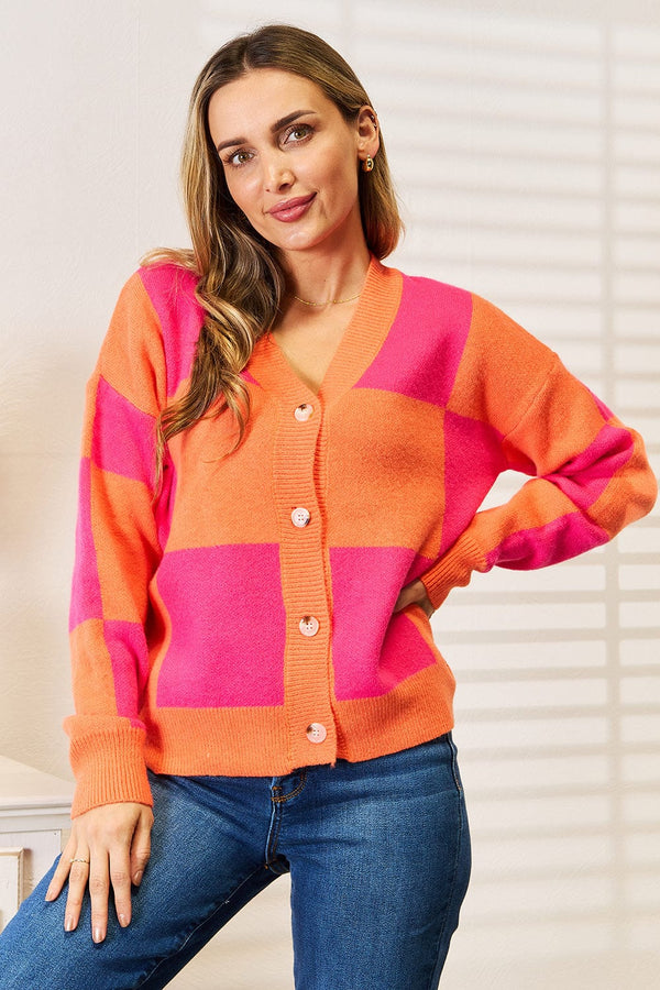 Angel Wings Woven Right Checkered V-Neck Dropped Shoulder Cardigan Hot Pink - Fashorio