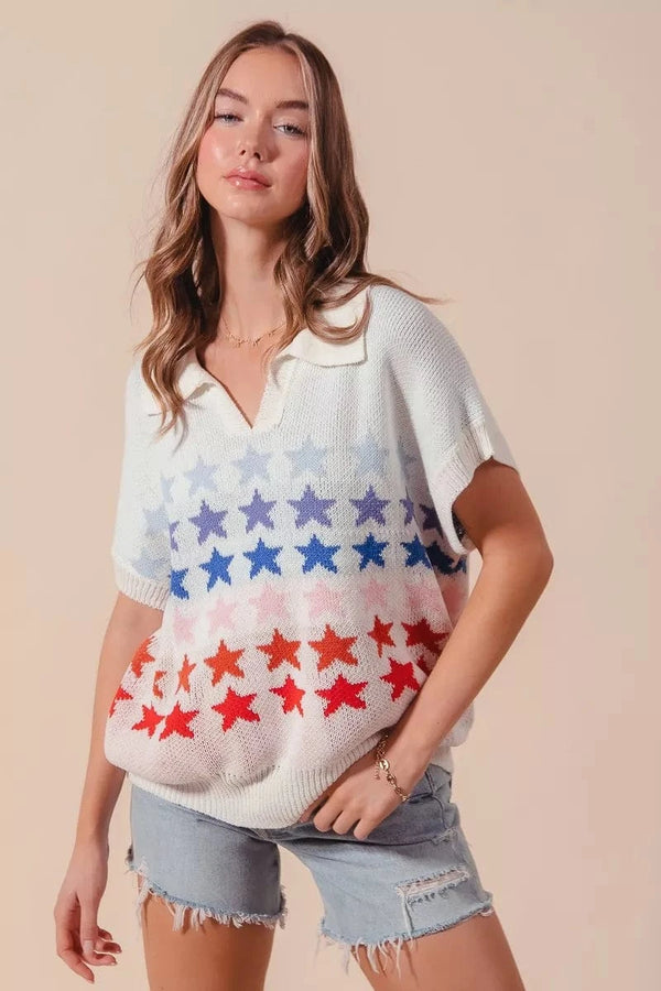 SO ME Fourth Of July Stars Loose Fit Knit Top IVORY COMBO - Fashorio