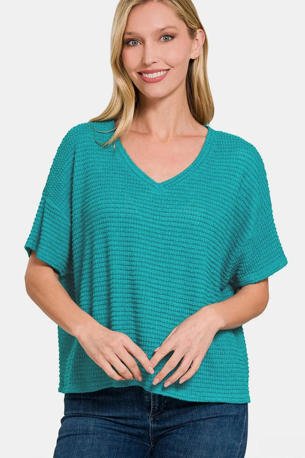 Zenana Drop Shoulder Short Sleeve Jacquard Knit Top Lt Teal - Fashorio