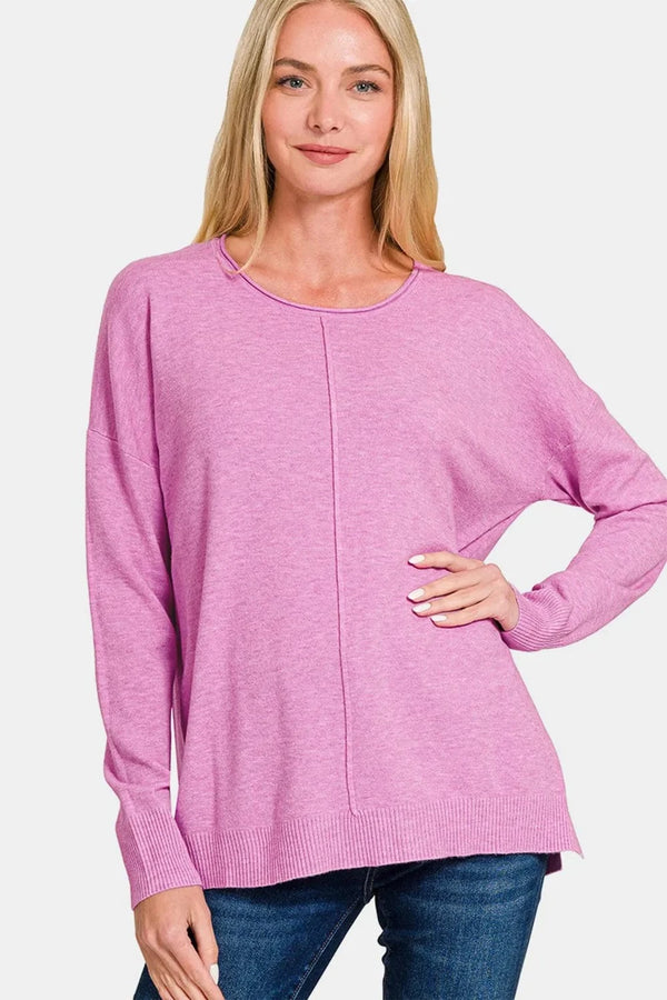 Zenana Front Seam Round Neck Sweater Moonlit Mauve - Fashorio