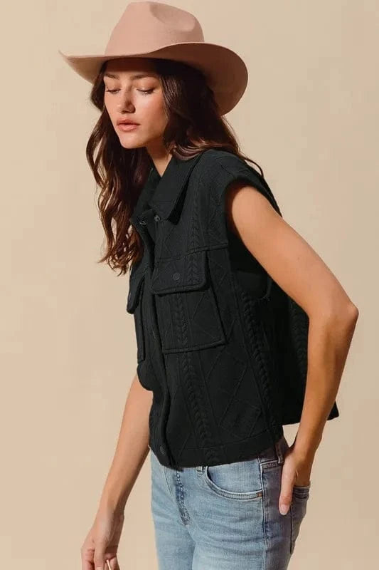 SO ME Cable Quilting Stitch Button Up Knit Vest - Fashorio