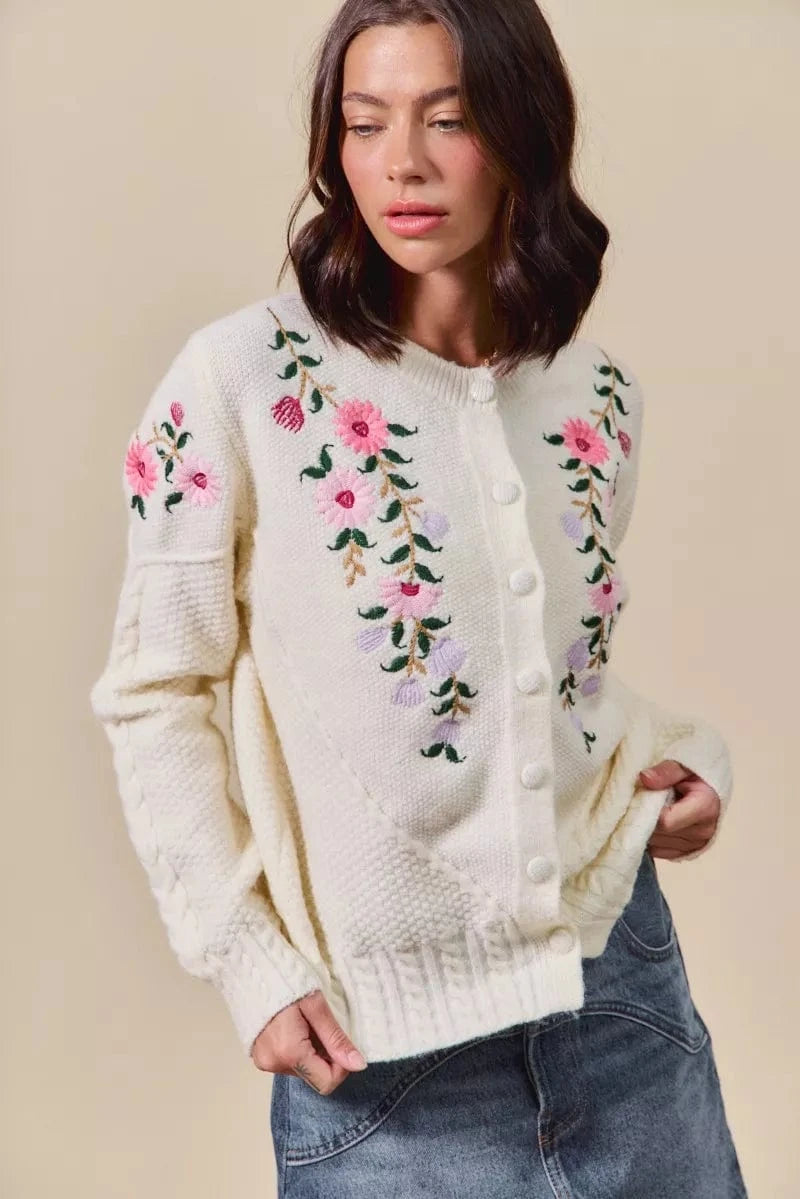 SO ME Floral Embroidered Coquette Sweater Cardigan - Fashorio