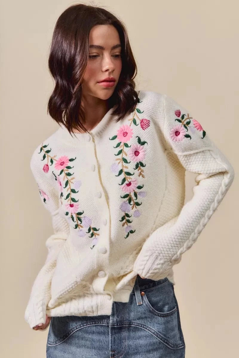 SO ME Floral Embroidered Coquette Sweater Cardigan - Fashorio