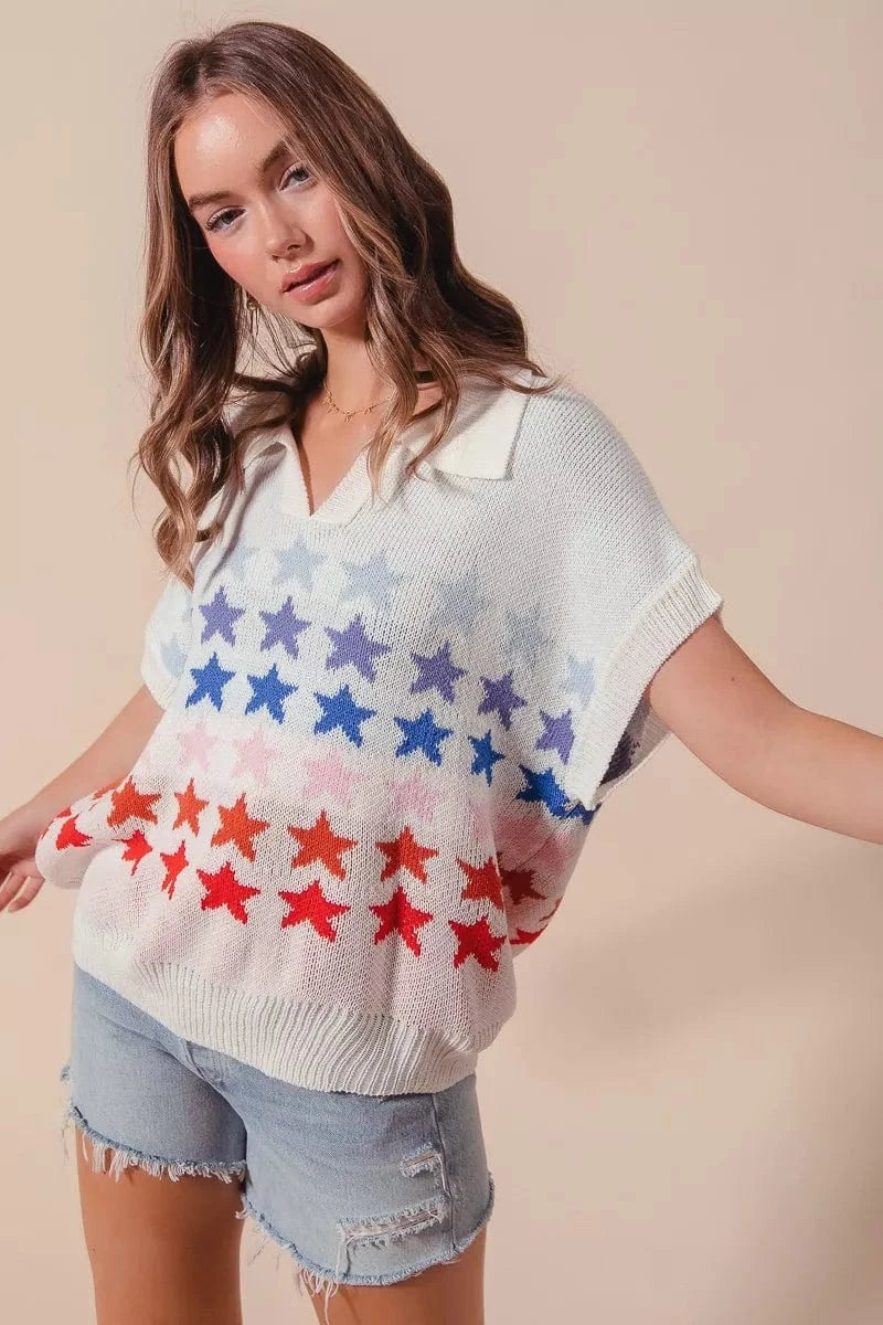 SO ME Fourth Of July Stars Loose Fit Knit Top - Fashorio