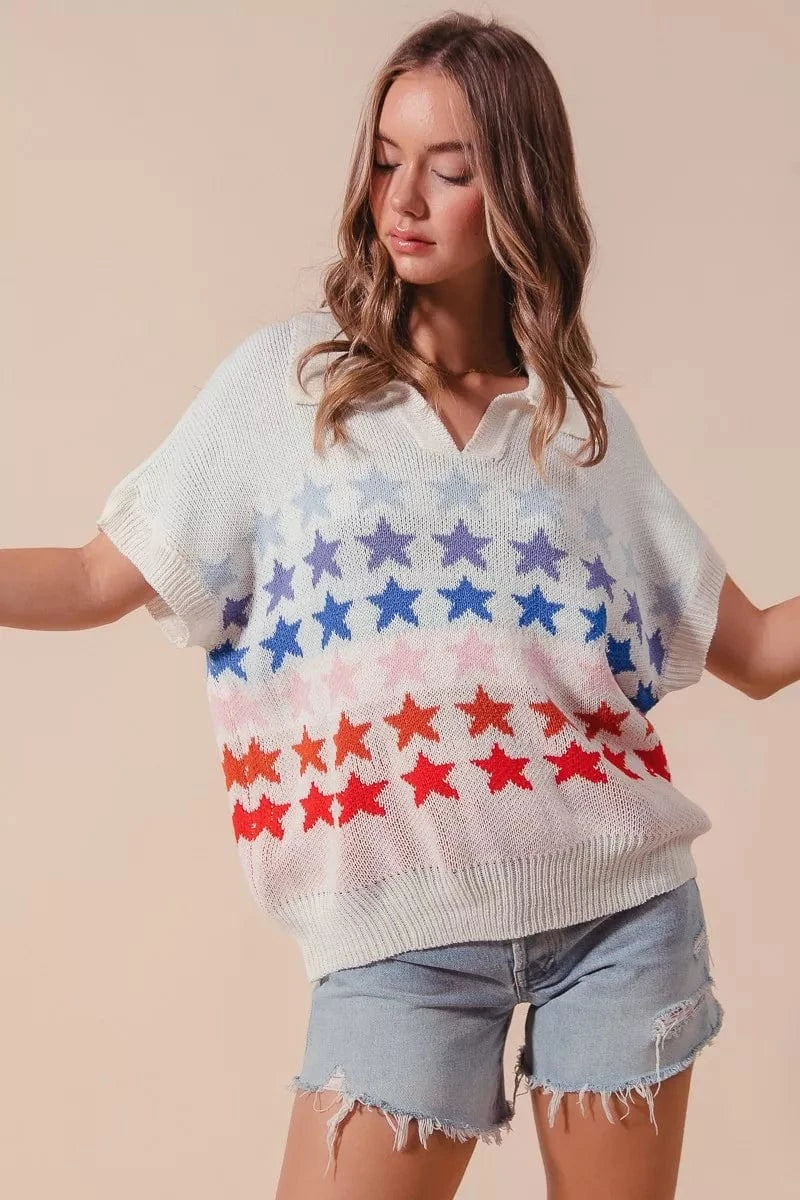 SO ME Fourth Of July Stars Loose Fit Knit Top - Fashorio