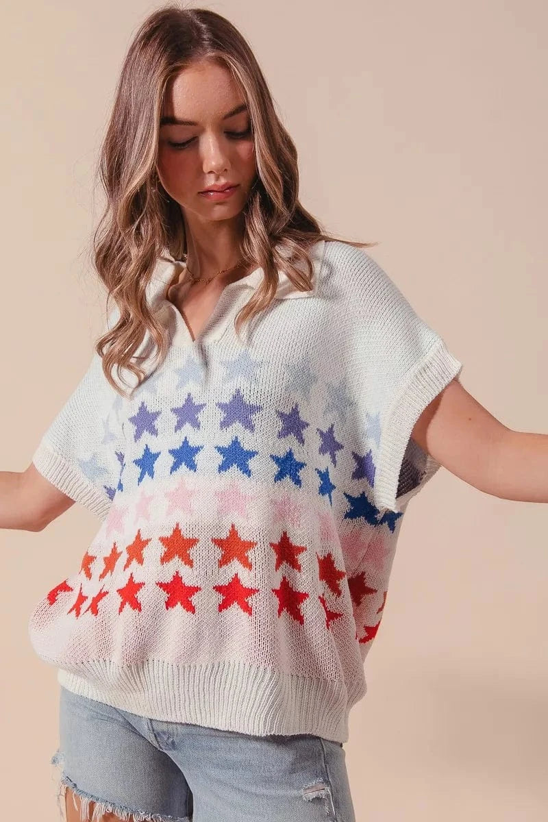 SO ME Fourth Of July Stars Loose Fit Knit Top - Fashorio