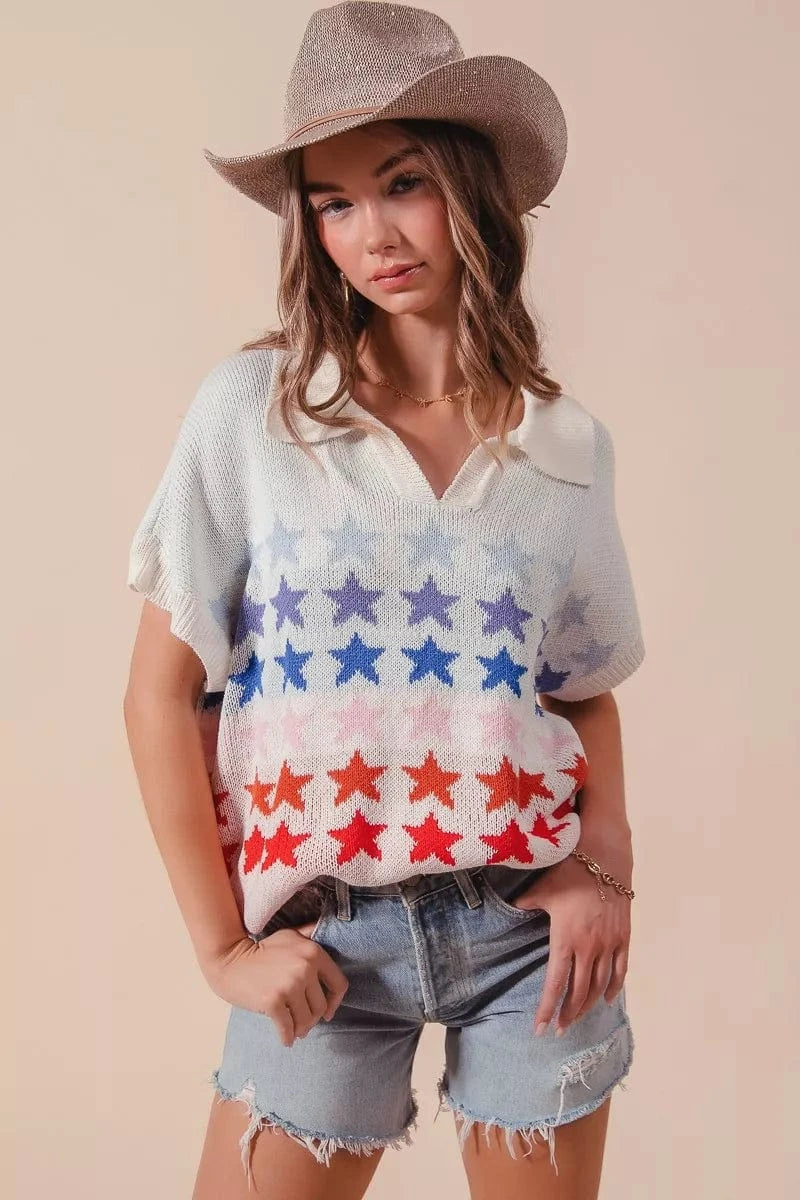 SO ME Fourth Of July Stars Loose Fit Knit Top - Fashorio