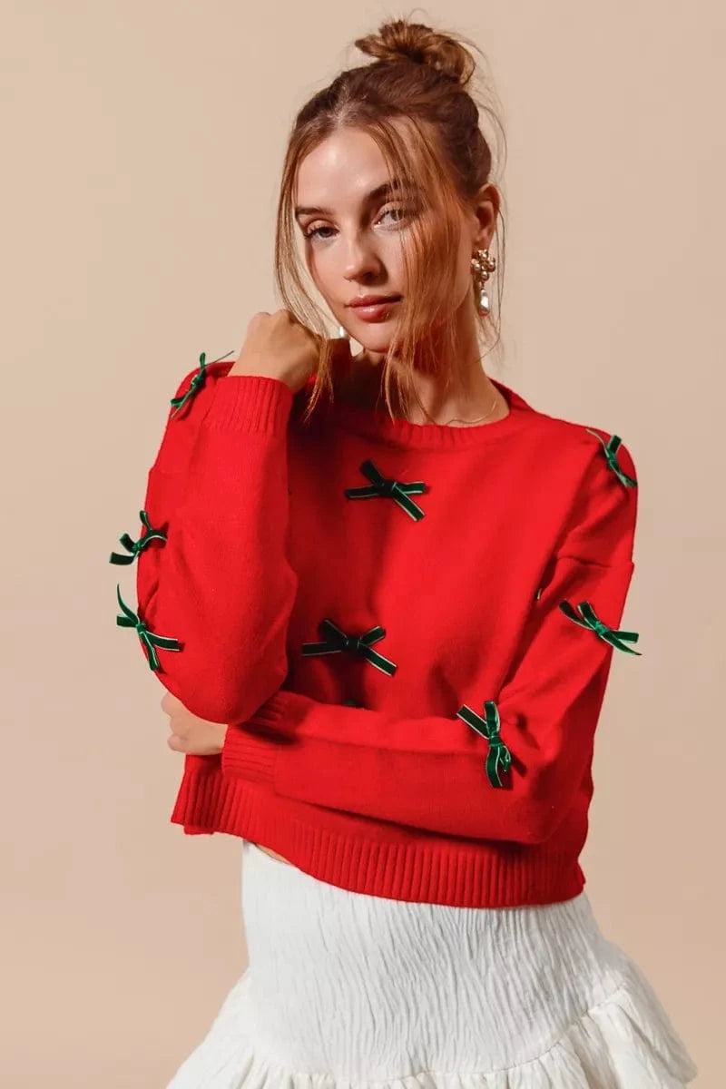 SO ME Ribbon Bow Applique Sweater - Fashorio