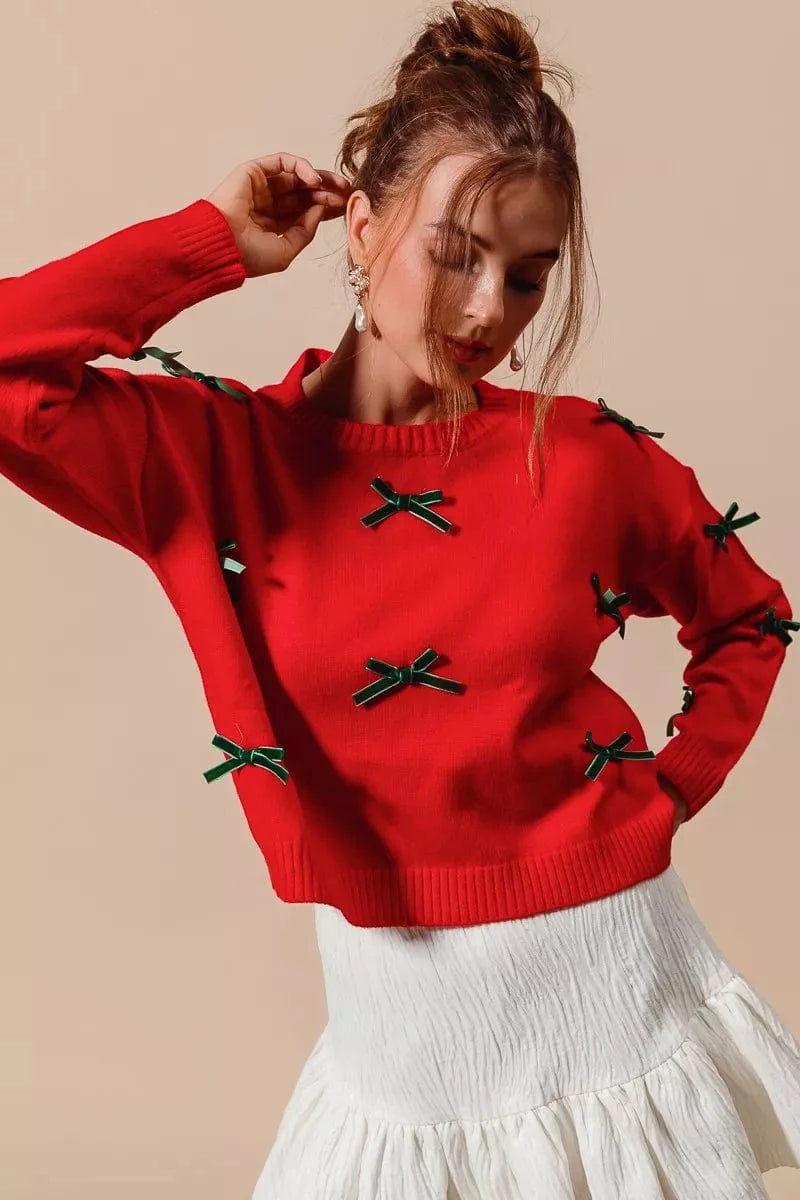 SO ME Ribbon Bow Applique Sweater - Fashorio