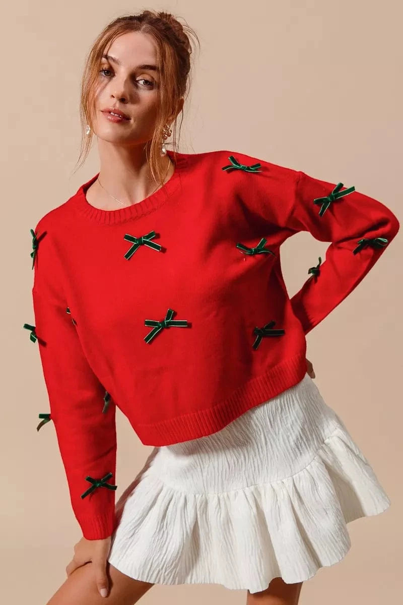 SO ME Ribbon Bow Applique Sweater - Fashorio